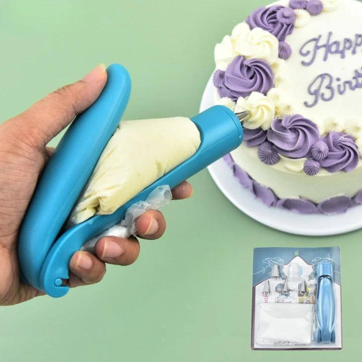 Díszítő készlet süteményekhez és tortákhoz, Vivimall, 5 mintázó fej, 21.7x18.8 cm, kézi díszítő eszköz, kék