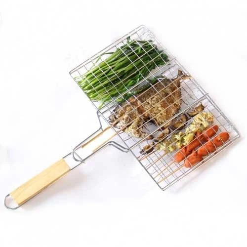 Grill halhoz és húshoz, Vivimall, hasznos felület 32x19 cm, rozsdamentes acél, fogantyúval, hordozható, ezüst