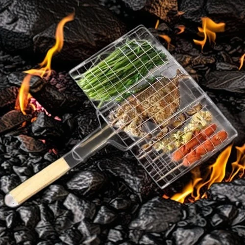Grill halhoz és húshoz, Vivimall, hasznos felület 32x19 cm, rozsdamentes acél, fogantyúval, hordozható, ezüst