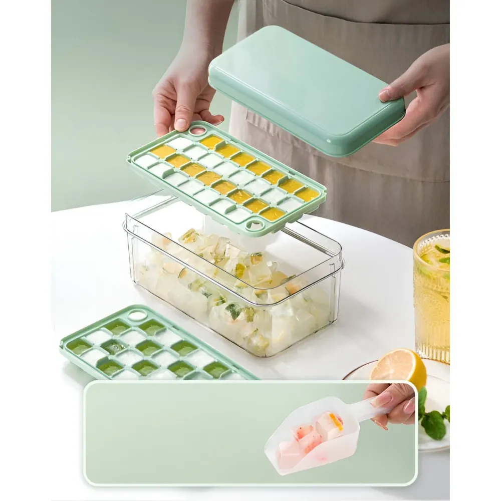 Jégkocka készítő szett, Vivimall, Otthoni használatra, 1 jégkockatálca, légmentesen záródó fedél, lapát, 23,5x13,3x10 cm,...