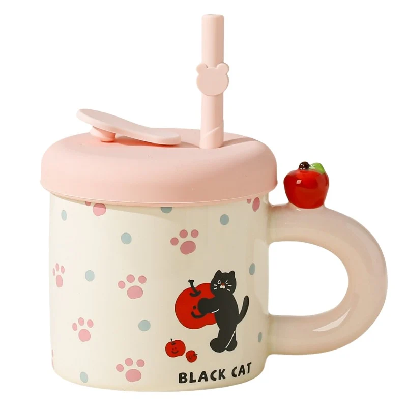 Kerámia bögre tetővel és szívószállal, Vivimall, Rózsaszín szilikon tető és szívószál, 9x8.5 cm, Aranyos D minta, 380 ml ű...