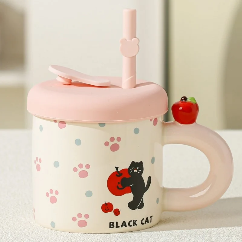 Kerámia bögre tetővel és szívószállal, Vivimall, Rózsaszín szilikon tető és szívószál, 9x8.5 cm, Aranyos D minta, 380 ml ű...