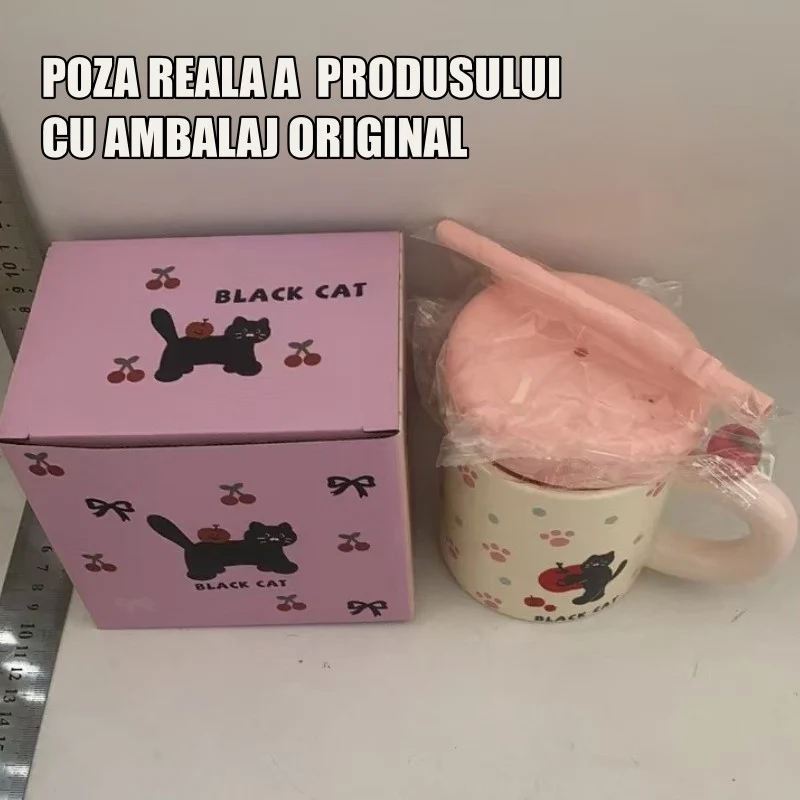 Kerámia bögre tetővel és szívószállal, Vivimall, Rózsaszín szilikon tető és szívószál, 9x8.5 cm, Aranyos D minta, 380 ml ű...