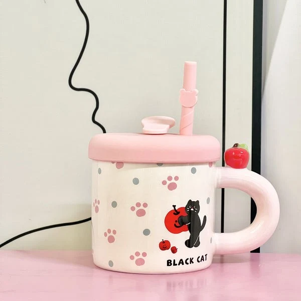 Kerámia bögre tetővel és szívószállal, Vivimall, Rózsaszín szilikon tető és szívószál, 9x8.5 cm, Aranyos D minta, 380 ml ű...