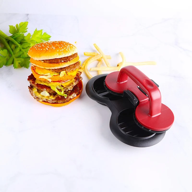 Kettős hamburgertálca 2 az 1-ben, formázó és préselő, nyéllel, ABS anyag, 20x10 cm, 140 g, fekete
