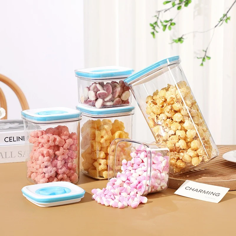 Konyhai tárolódoboz, Vivimall, 1.3L, ABS+PET+szilikon, fehér/kék fedél, 11.5 x 15 x 8 cm, átlátszó