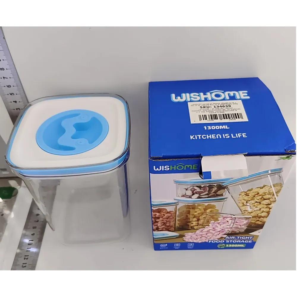 Konyhai tárolódoboz, Vivimall, 1.3L, ABS+PET+szilikon, fehér/kék fedél, 11.5 x 15 x 8 cm, átlátszó