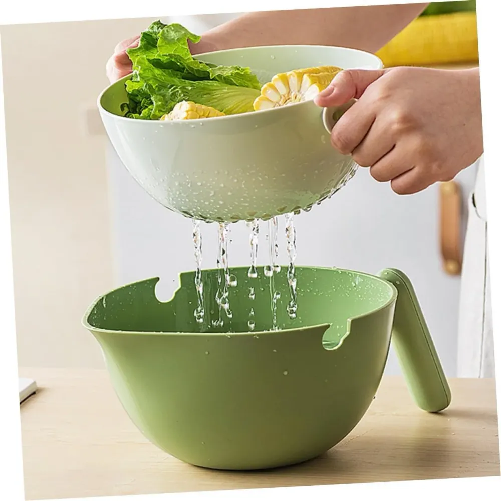 Kétrétegű Tál, Vivimall, Gyümölcsök és Zöldségek Számára, Vízleeresztő Kosárral, 2L, ABS+PP, 29.9 x 22.5 x 11.8 cm, Zöld-F...