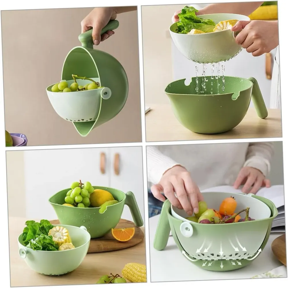Kétrétegű Tál, Vivimall, Gyümölcsök és Zöldségek Számára, Vízleeresztő Kosárral, 2L, ABS+PP, 29.9 x 22.5 x 11.8 cm, Zöld-F...