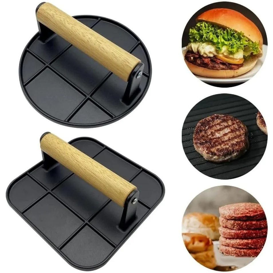 Kézi húspress, Vivimall, Alumíniumötvözet, Fa fogantyú, Hamburgerprés, Könnyen tisztítható és használható, Kerek, 16x16x6...
