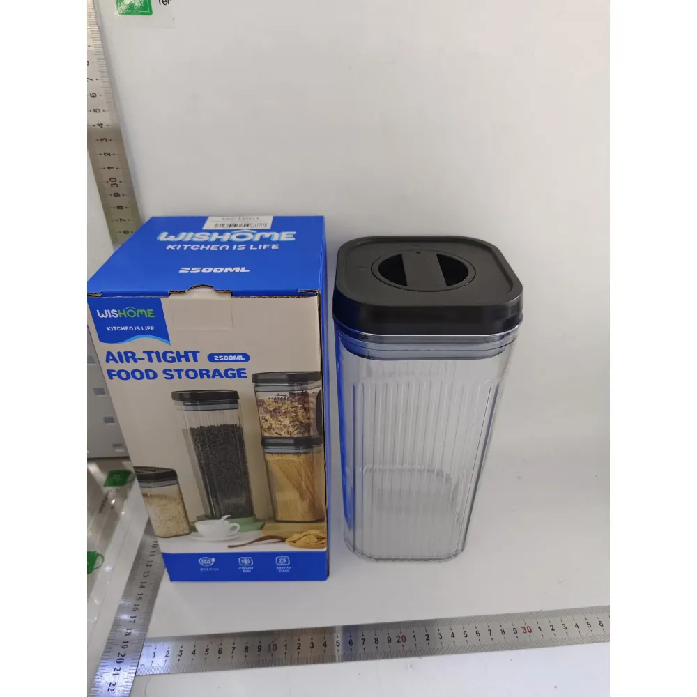 Élelmiszer tárolódoboz, Vivimall, konténer típusú, 2.5L, Gabonatároló edények konyhába, Átlátszó, fekete fedéllel