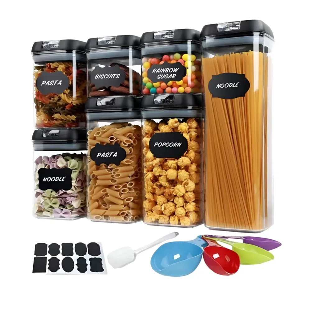 Élelmiszertároló doboz szett, Vivimall, 7 edény, 10 újrahasználható címke, 4 kanál, konyhai használatra, spatula, légmente...
