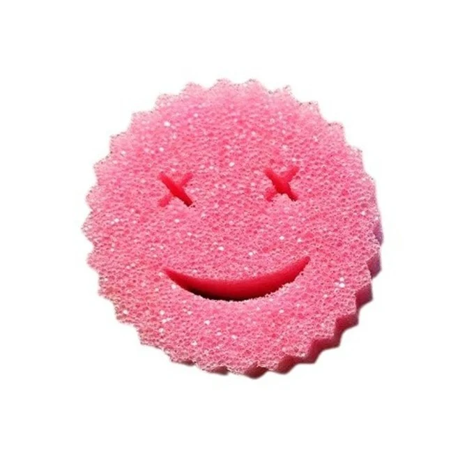 Mosogatószivacs, Vivimall, Kerek, PU Szivacs, Smiley Arc Minta, Kétoldalas, 10 x 4 cm, Rózsaszín/Sárga