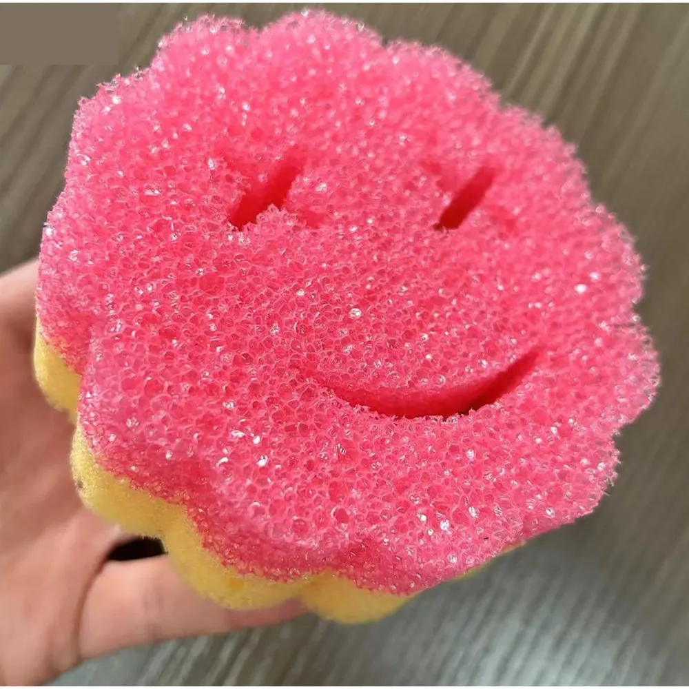 Mosogatószivacs, Vivimall, Kerek, PU Szivacs, Smiley Arc Minta, Kétoldalas, 10 x 4 cm, Rózsaszín/Sárga
