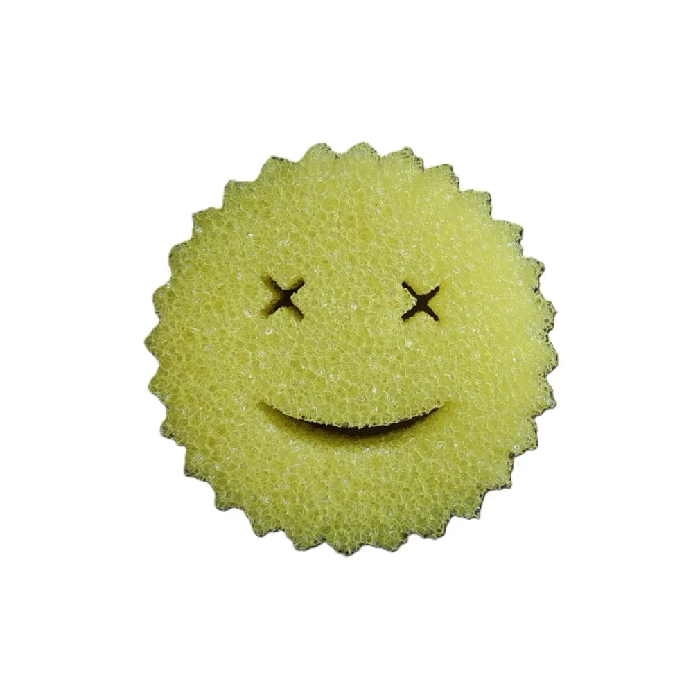 Mosogatószivacs, Vivimall, Kerek, PU Szivacs, Smiley Arc Minta, Kétoldalas, 10 x 4 cm, Sárga