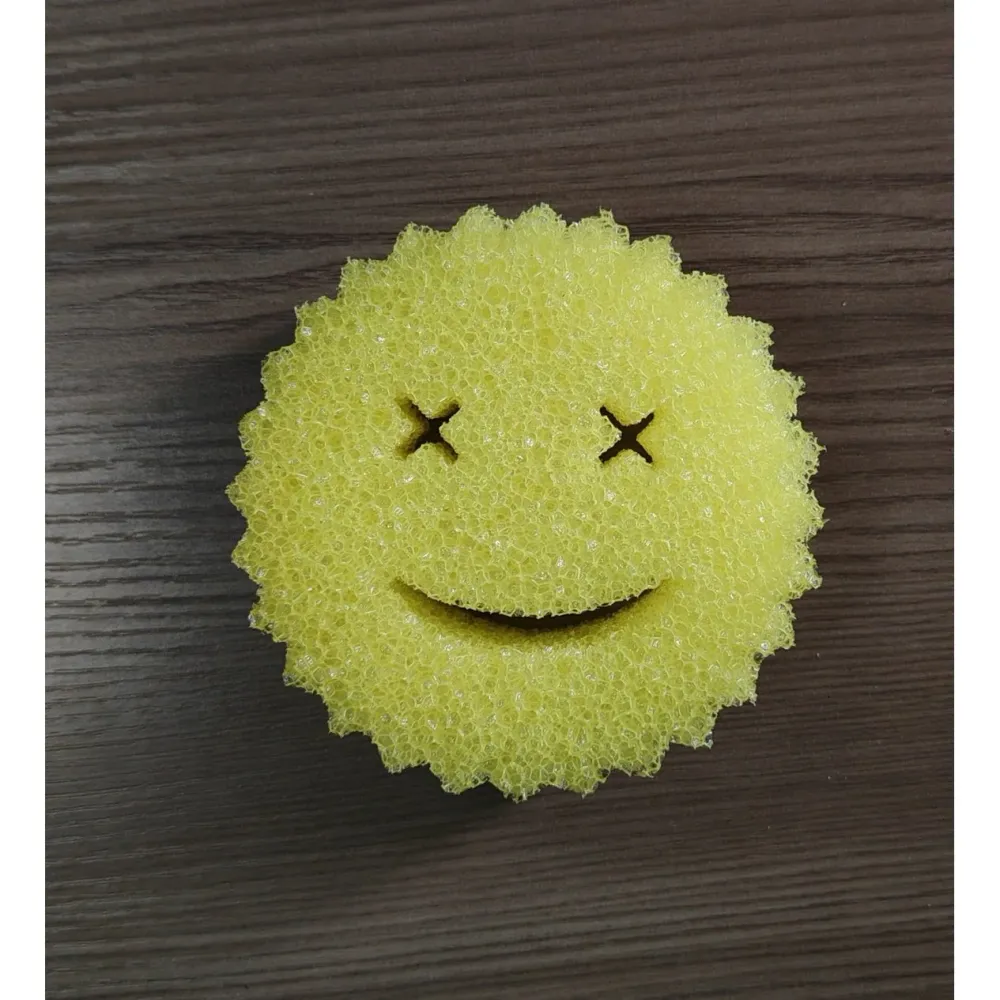 Mosogatószivacs, Vivimall, Kerek, PU Szivacs, Smiley Arc Minta, Kétoldalas, 10 x 4 cm, Sárga