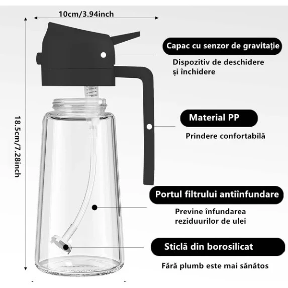 Olajtartó, Vivimall, 2 az 1-ben, Permetező/öntő funkció, Üveg, 470 ml, Szivárgásmentes, Fekete