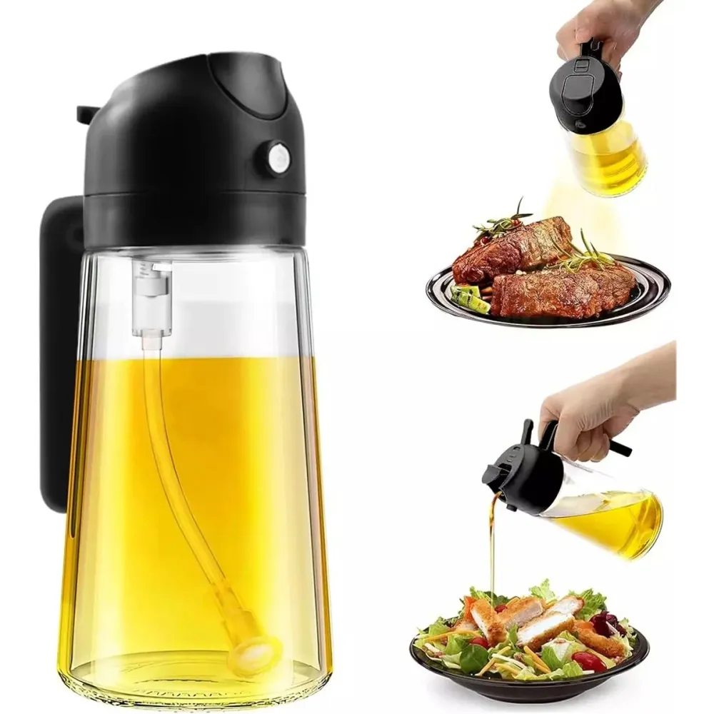 Olajtartó, Vivimall, 2 az 1-ben, Permetező/öntő funkció, Üveg, 470 ml, Szivárgásmentes, Fekete