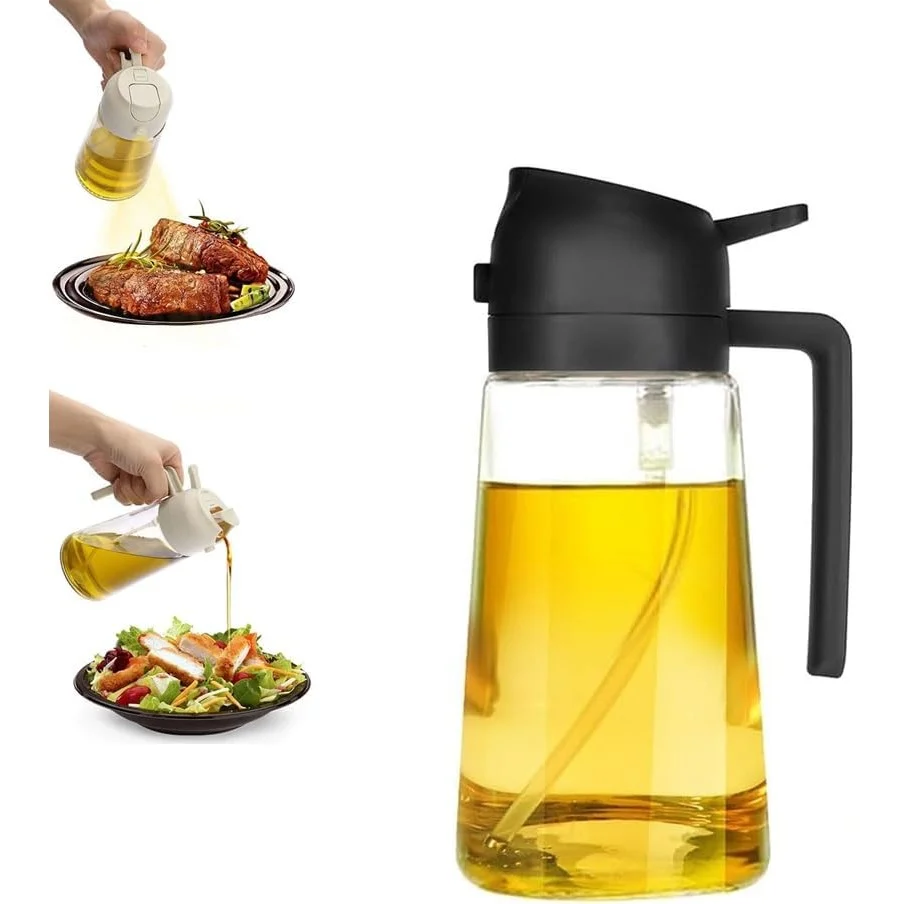 Olajtartó, Vivimall, 2 az 1-ben, Permetező/öntő funkció, Üveg, 470 ml, Szivárgásmentes, Fekete
