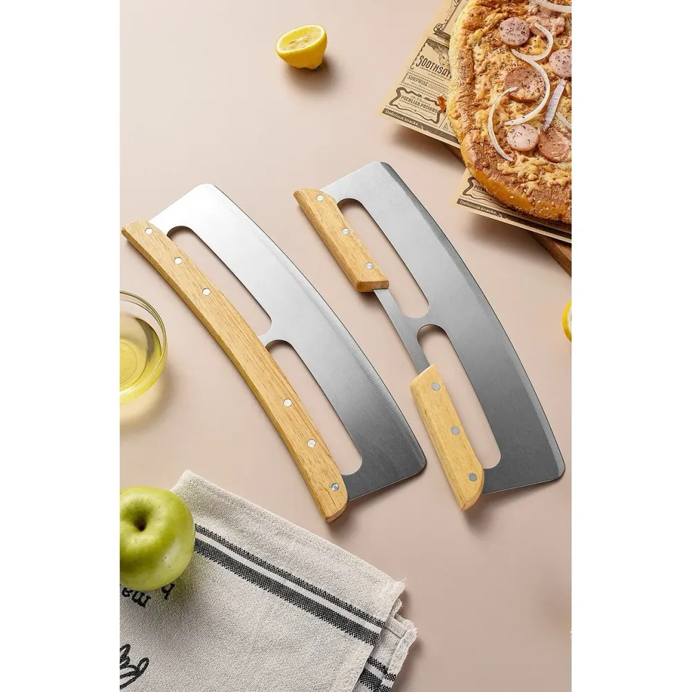Pizzavágó és Szeletelő, Vivimall, Rozsdamentes Acél, Fedéllel, Kétrészes Fa Fogantyú, Csúszásgátló, Sima és Éles Penge, 34...
