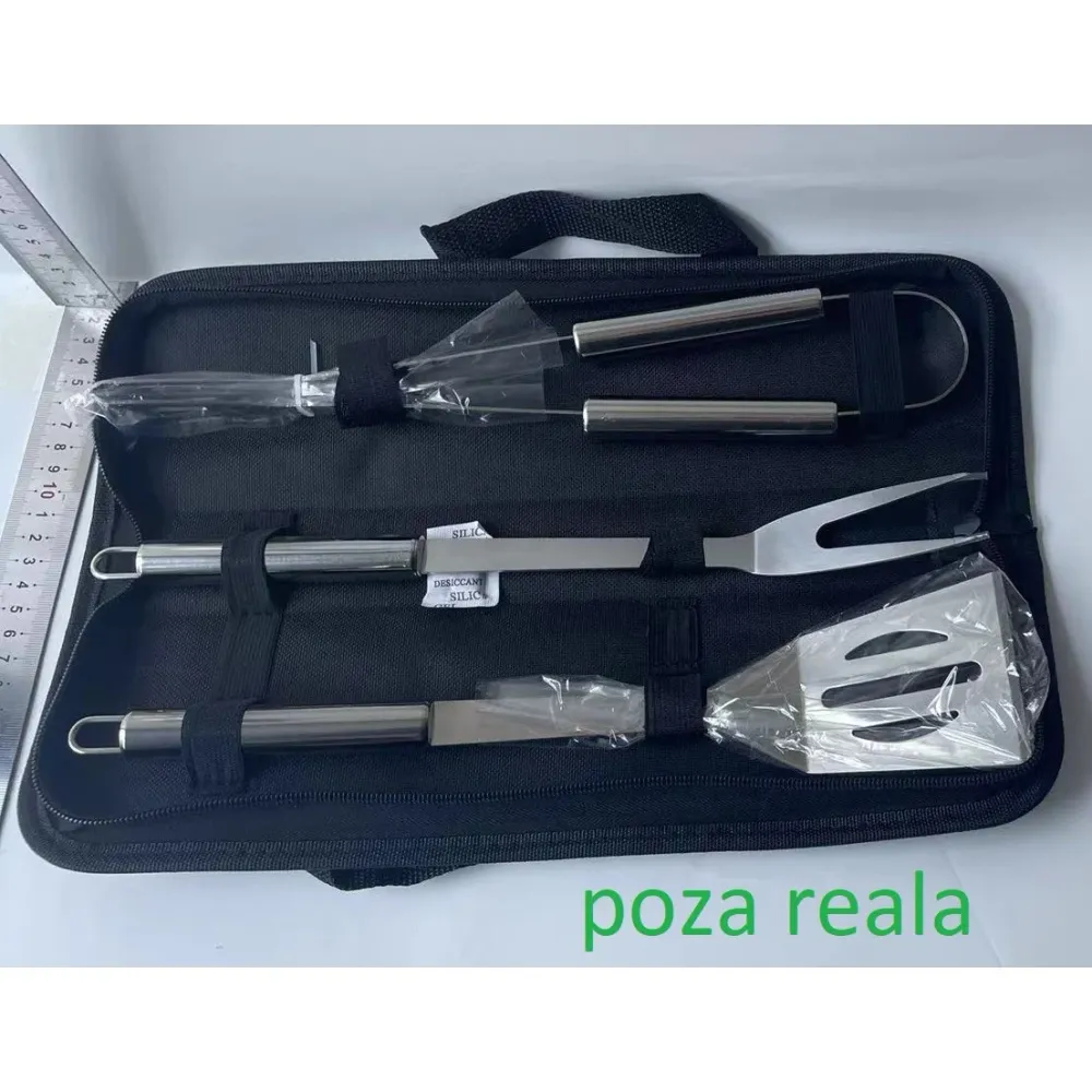 3 részes grillszerszám készlet, Vivimall, rozsdamentes acél, Oxford táska, ezüst