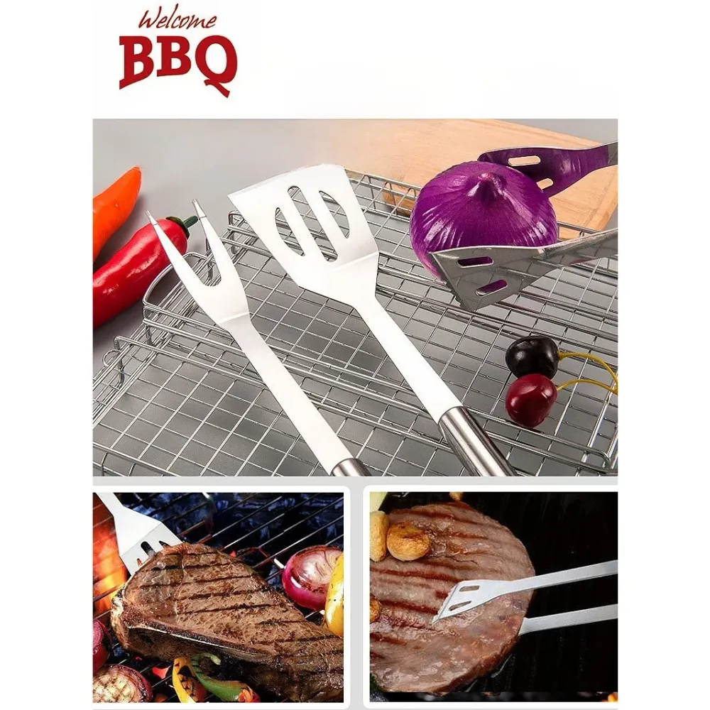3 részes grillszerszám készlet, Vivimall, rozsdamentes acél, Oxford táska, ezüst