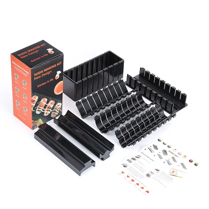 Sushi készítő, Vivimall, 7 részes sushi kiegészítő készlet, 3 féle design forma, kerek, háromszög, szív, fekete