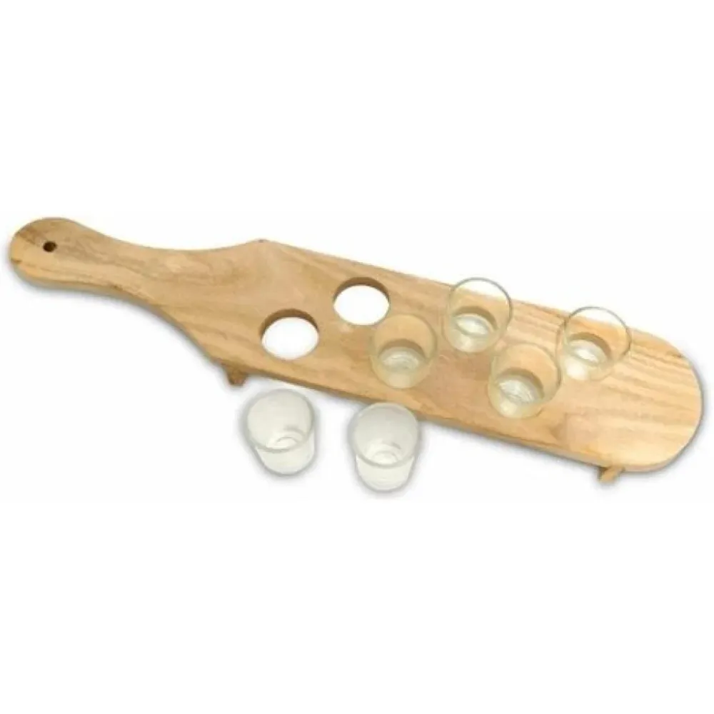 Üveg shotos poharak, Vivimall, 6 darabos shots pohár készlet fa tartóval, Rusztikus design, 41 x 8.5 x 6 cm, 2. modell, Barna