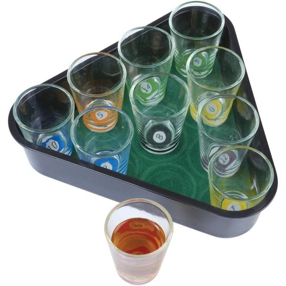 Vivimall 10 darabos shot pohár készlet, biliárd tárolóval, 30 ml, üveg, 10 x 10 cm, többszínű