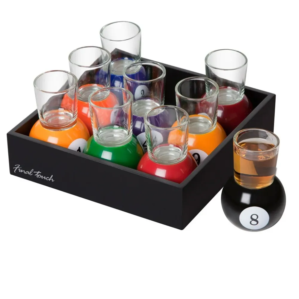 Vivimall 9 db-os felespohár készlet, levehető biliárdgolyó alakú tartóval, 30 ml, üveg, 17 x 17 x 10 cm, többszínű