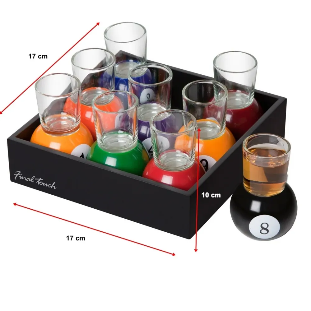 Vivimall 9 db-os felespohár készlet, levehető biliárdgolyó alakú tartóval, 30 ml, üveg, 17 x 17 x 10 cm, többszínű