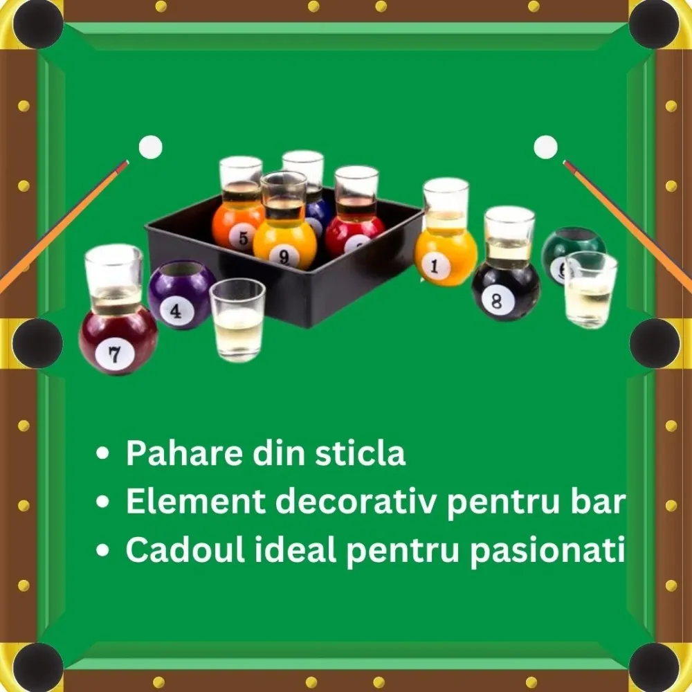 Vivimall 9 db-os felespohár készlet, levehető biliárdgolyó alakú tartóval, 30 ml, üveg, 17 x 17 x 10 cm, többszínű
