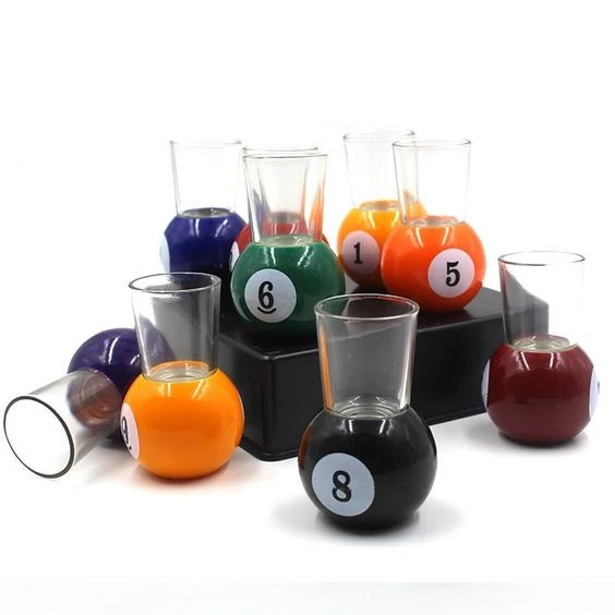 Vivimall 9 db-os felespohár készlet, levehető biliárdgolyó alakú tartóval, 30 ml, üveg, 17 x 17 x 10 cm, többszínű