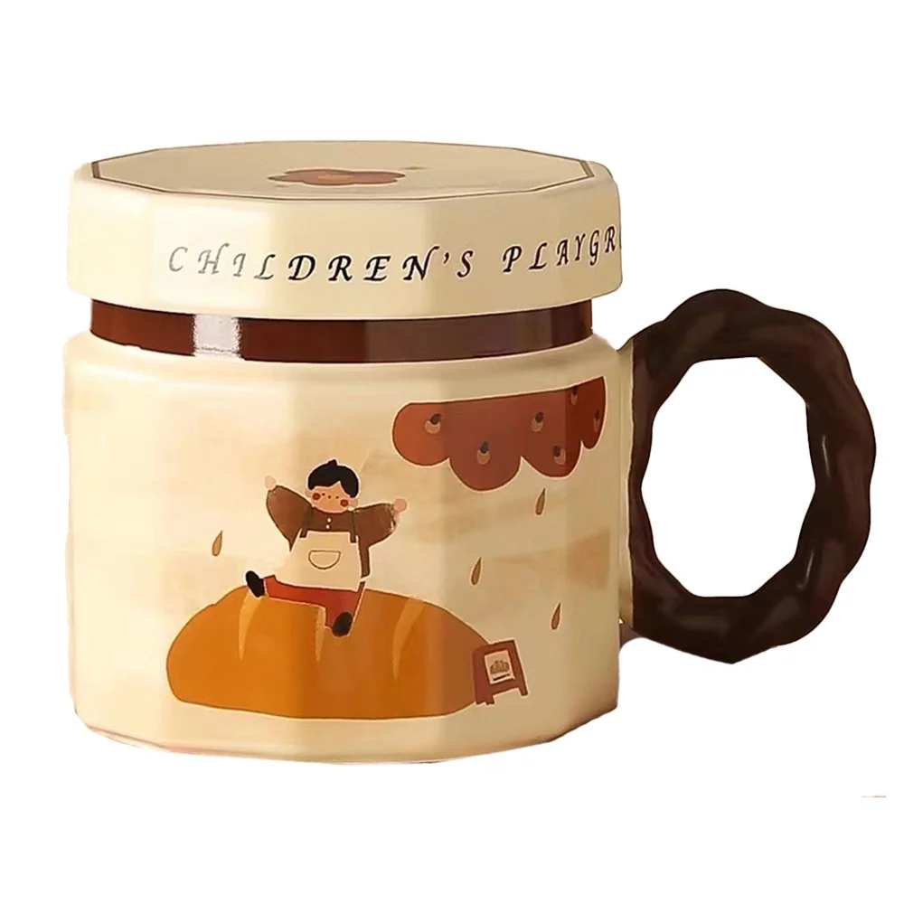 Vivimall kerámia bögre, kávésbögre, teáscsésze, univerzális bögre, uniszex, fedeles bögre, 9 x 8 x 8 cm, 400 ml, bézs kisf...