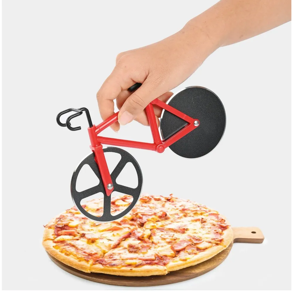 Vivimall kreatív pizza szeletelő, kerékpár alakú, késtartóval, 19 x 12.5 cm, acél/PP, fekete