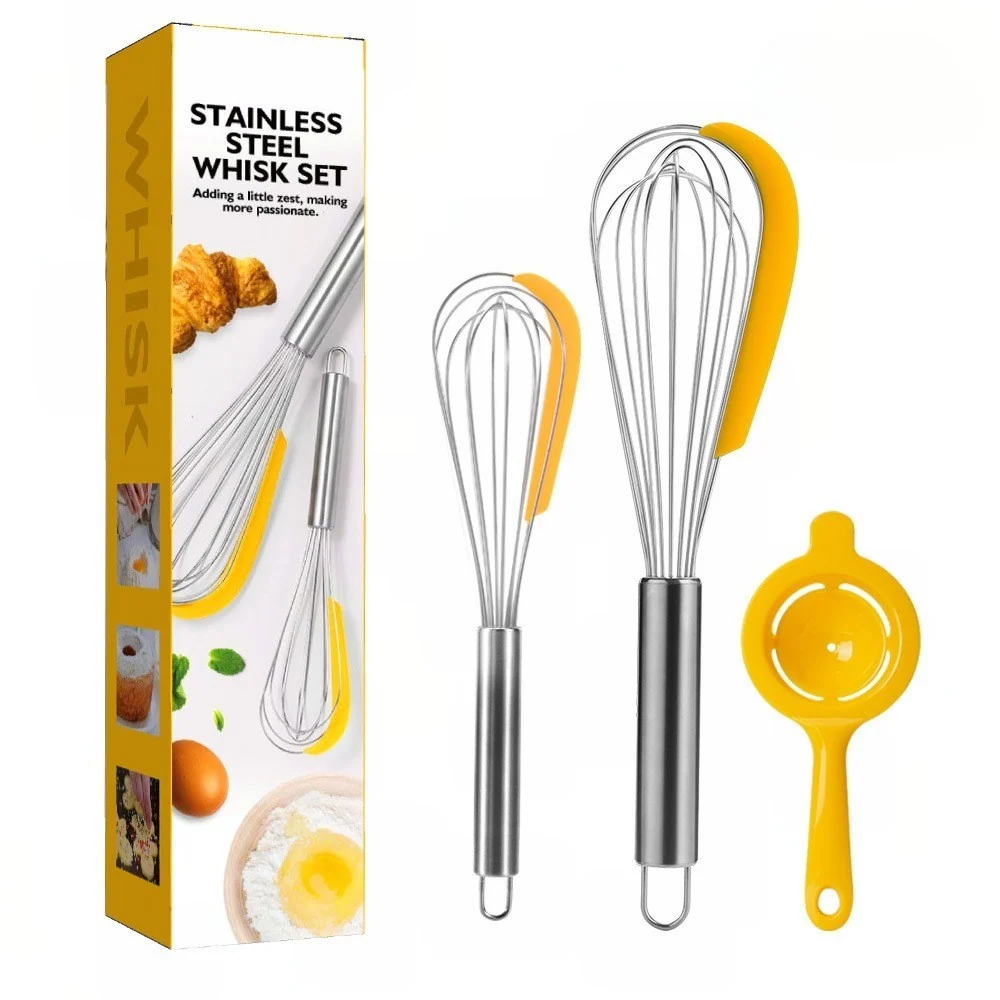 Vivimall 3 részes konyhai eszköz készlet, 2 habverő, tojásszétválasztó, inox/szilikon, sárga