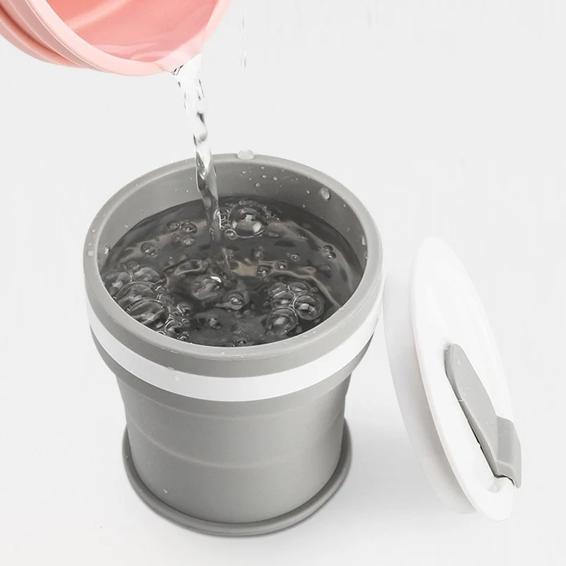 Vivimall összecsukható szilikon pohár, utazáshoz, 350 ml, szívószállal, 9 x 9.2 cm, szürke