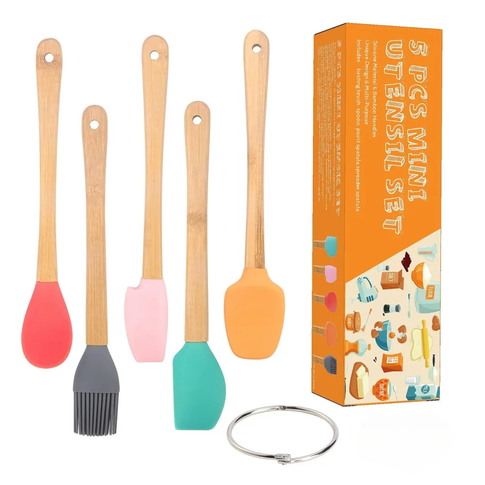 Vivimall szett 5 mini szilikon spatula, ecset, tölgy, többszínű