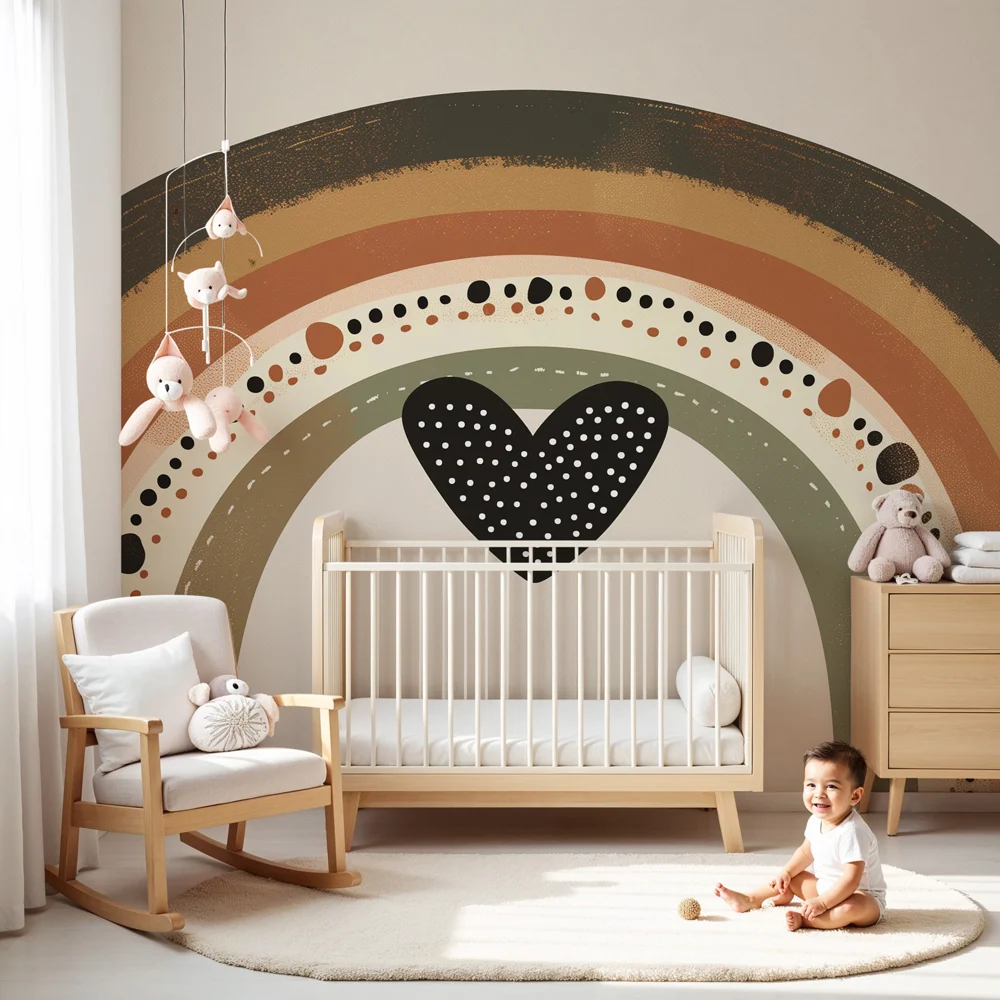 Nursery room wallpaper | Bohemian rainbow earth tones graphic heart