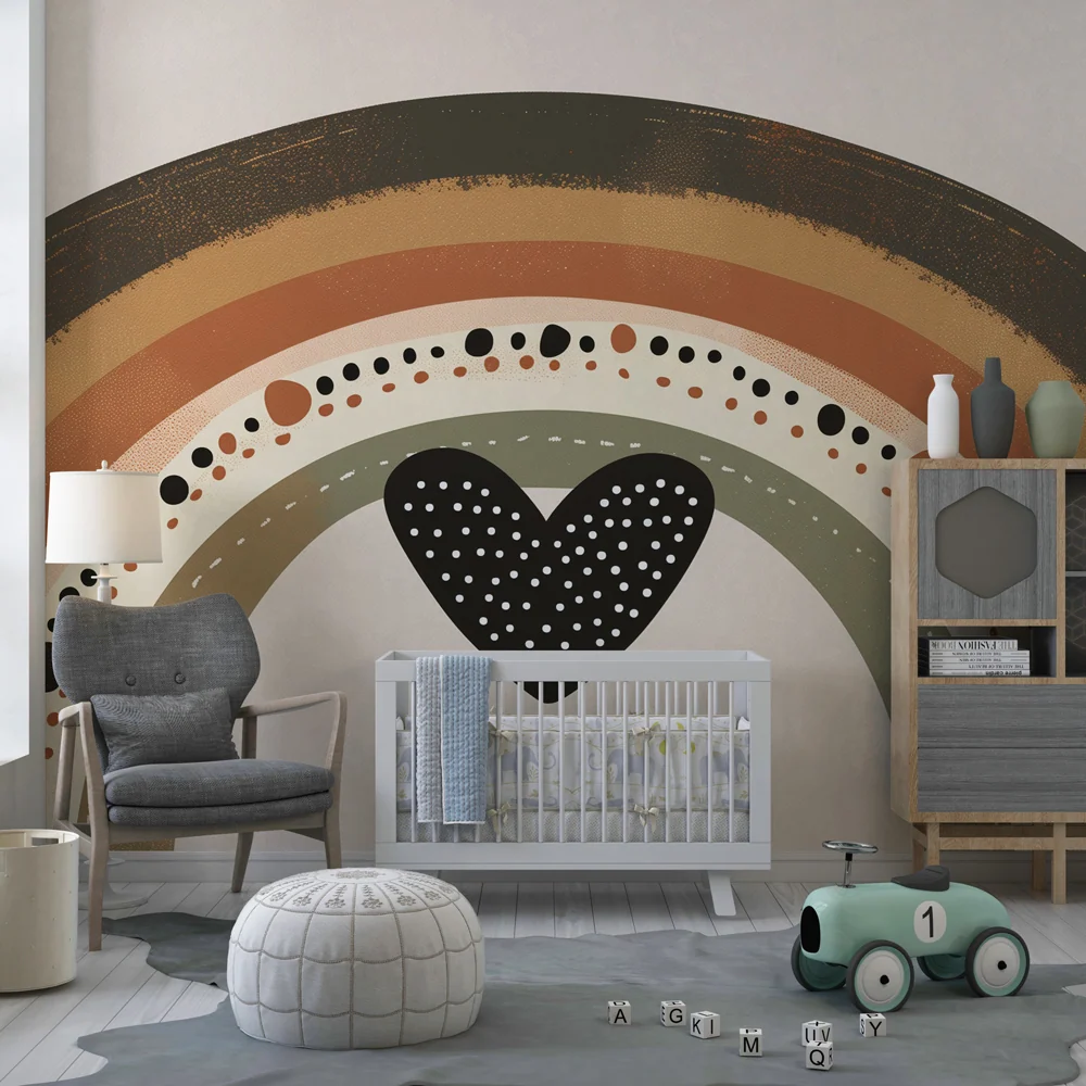 Nursery room wallpaper | Bohemian rainbow earth tones graphic heart