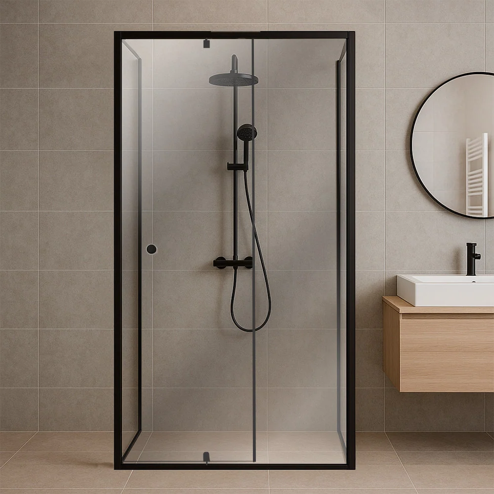 Flexi falsíkra szerelhető aszimmetrikus zuhanykabin 80x90 cm zuhanytálca nélkül fekete