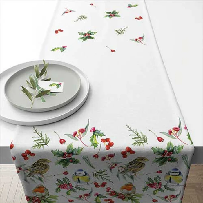 Karácsonyi asztali futó 40x150 cm pamut Téli Madárdal