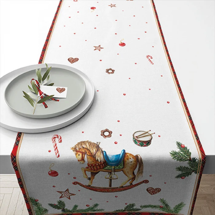 Karácsonyi hintalovas pamut asztali futó 40x150 cm Christmas Toys