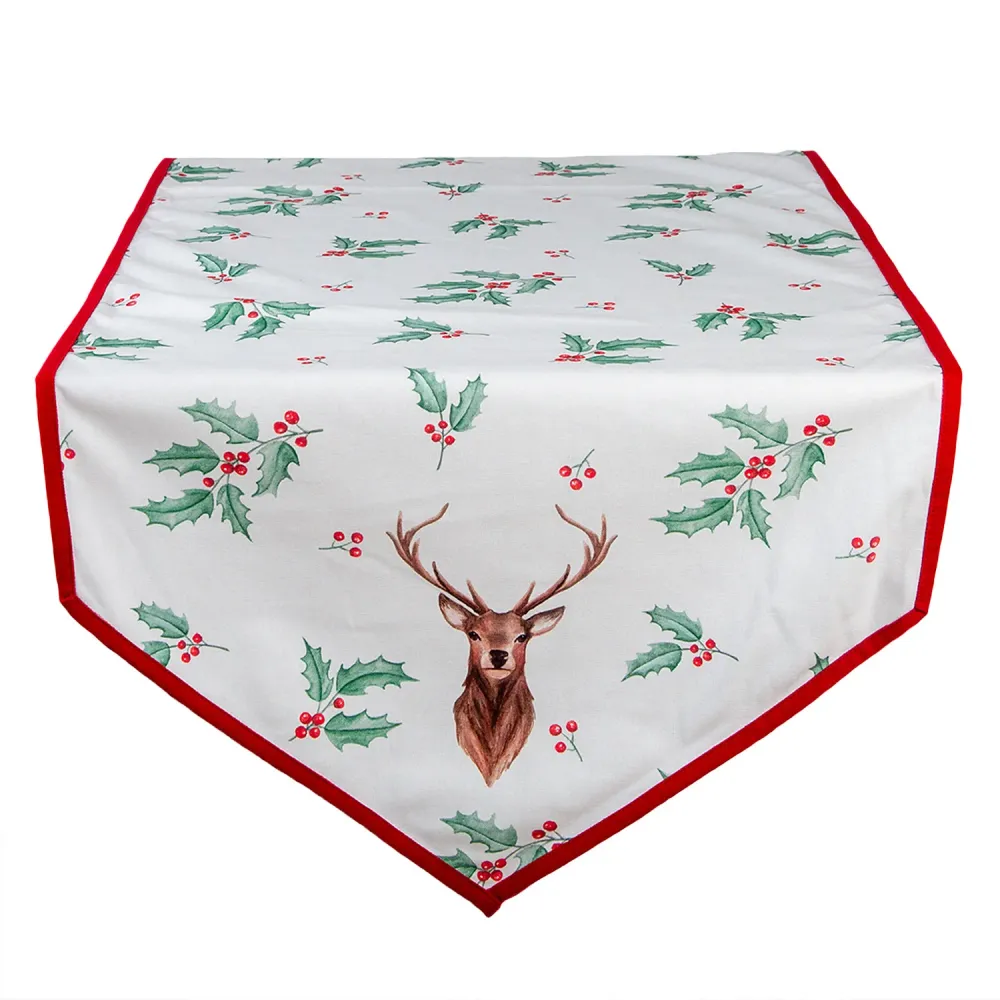 Karácsonyi pamut szarvasos, magyal mintás asztali futó, 50x160 cm Holly Christmas