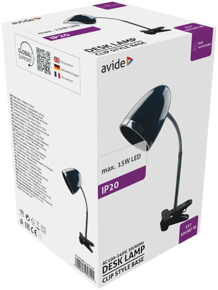 Avide Basic Asztali Lámpa Csíptethető Fekete E27 max.15W ABDL-CLIP-B-15W