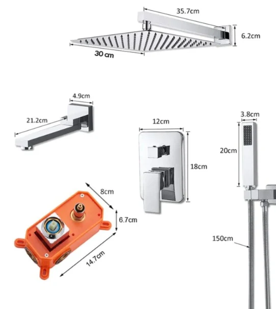 Zuhanyszett, négyzet alakú kerettel 30 cm, beépített akkumulátorral, 3 folyási funkció, ezüstözött, kód 157