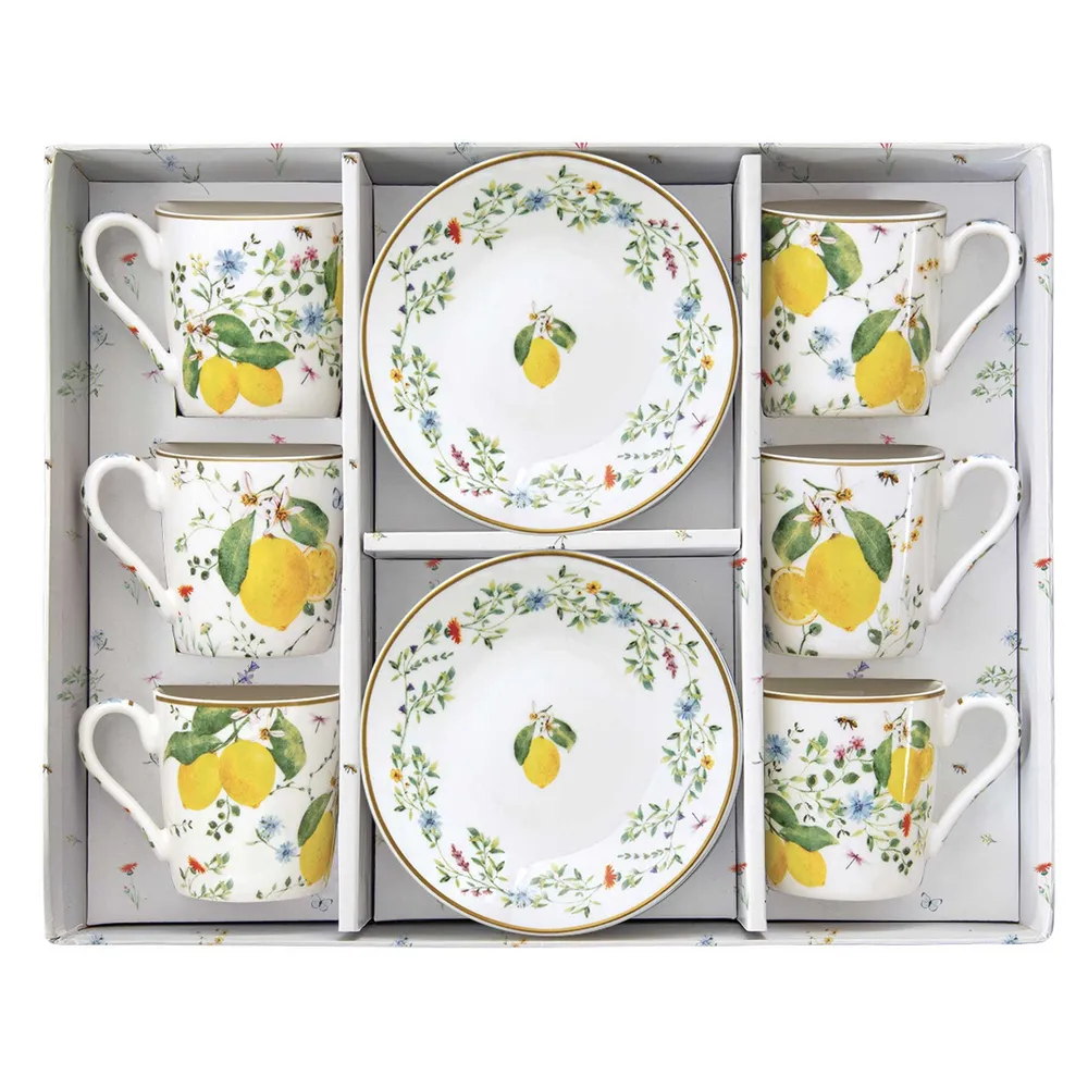 Mediterrán porcelán citrom mintás kávés csésze 6 személyes szett Fleurs et Citrons