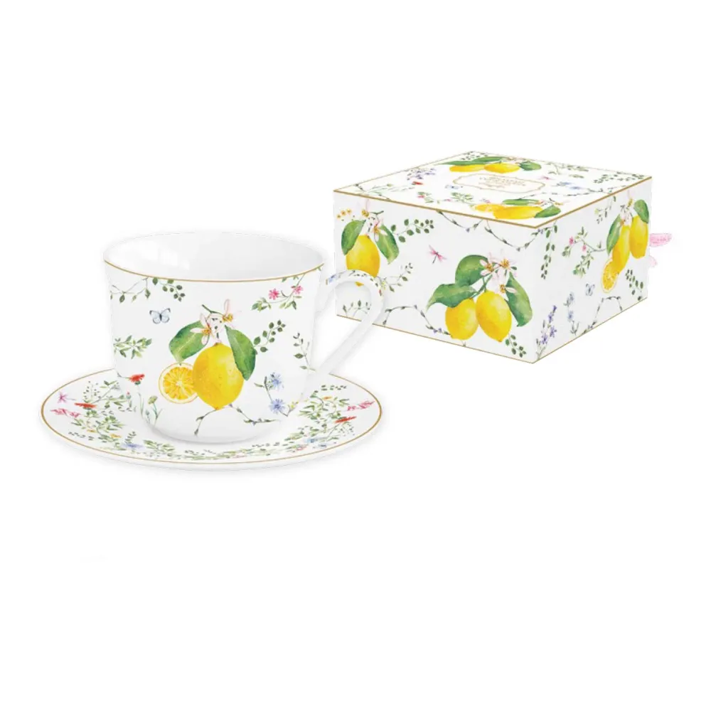 Mediterrán porcelán citrom mintás nagy reggeliző csésze Fleurs et Citrons