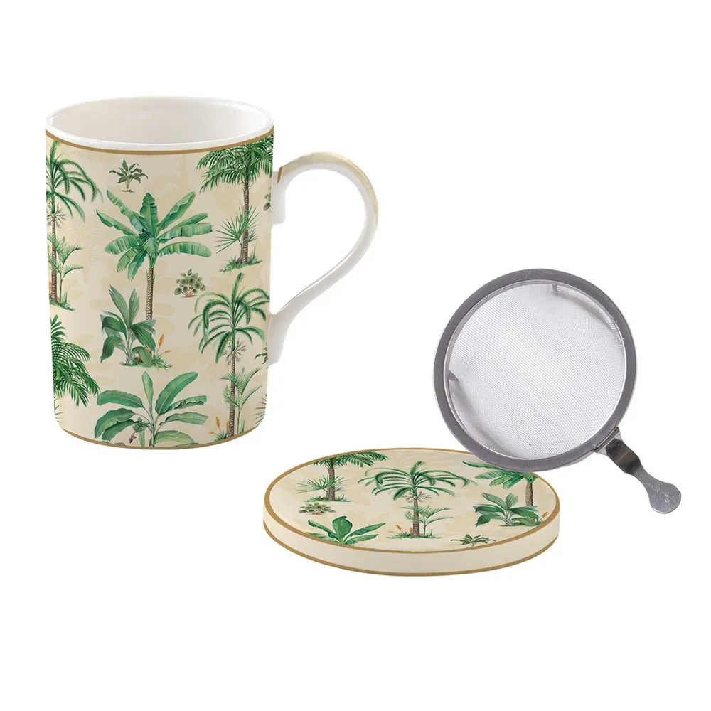 Porcelán pálmafás bögre szűrővel és tetővel szett Oasis