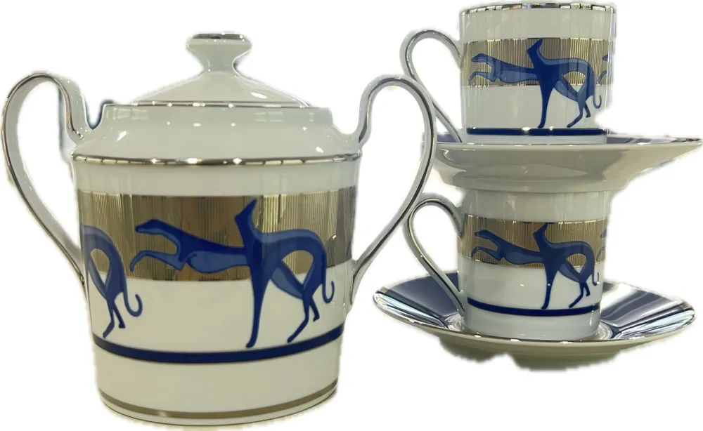 Trussardi 2 kávéscsészéből álló készlet cukortartóval Limoges porcelánból, platina kivitelben LEVRIERI_BLU